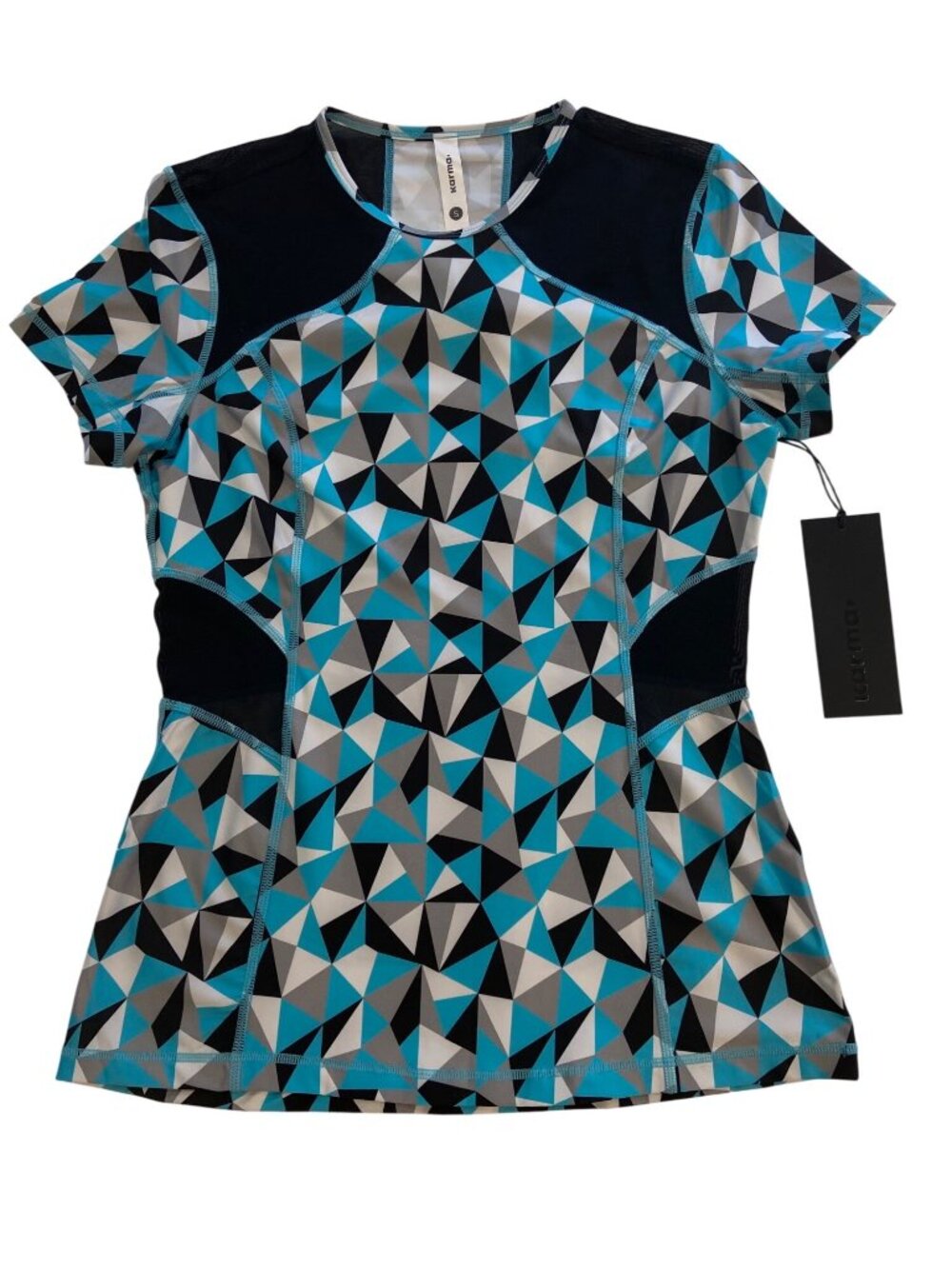 Printed Malia Geometric Tee With Mesh Panels In Turquoise & Black - Size S